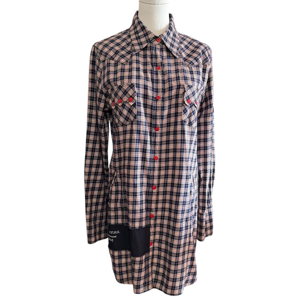 Biscote Mary Vintage Shirt Plaid Dress Size Fit L Red Metal Buttons Long Sleeves